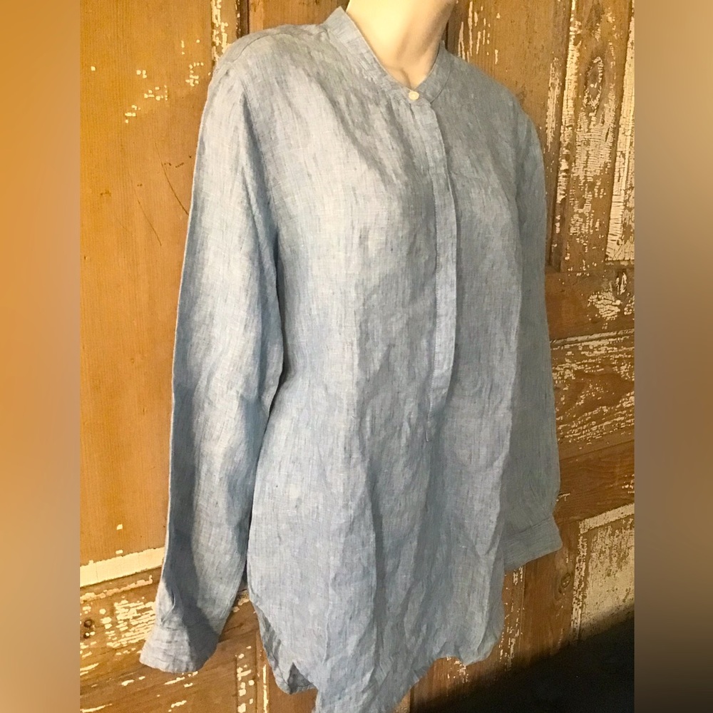 NWT Trovata Birds Of Paradis 100% Linen Henley Blouse Blue Size Small